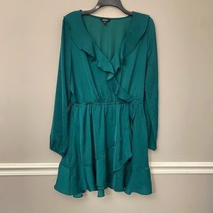 Express green v front faux wrap shirt dress L